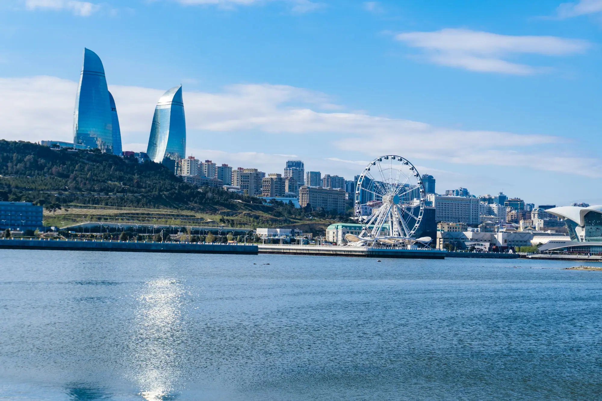 The Flame Towers and Baku Boulevard across the bay