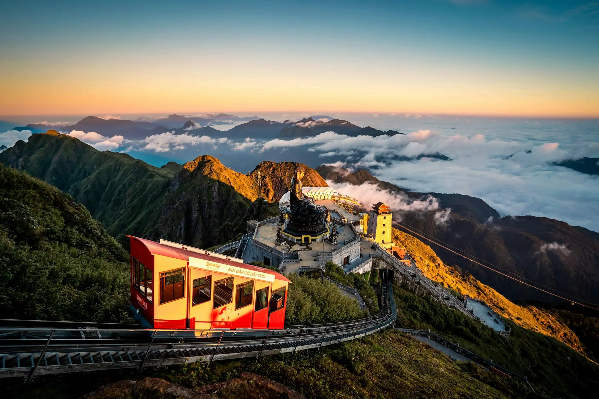 The mountain railway climbing through the clouds towards Fansipan, Sapa